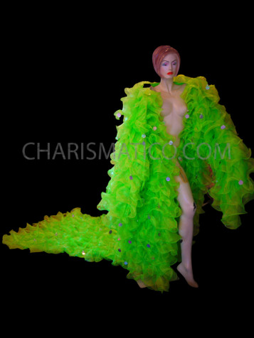 Neon Green Organza Drag Queen Ruffle Coat With Tail