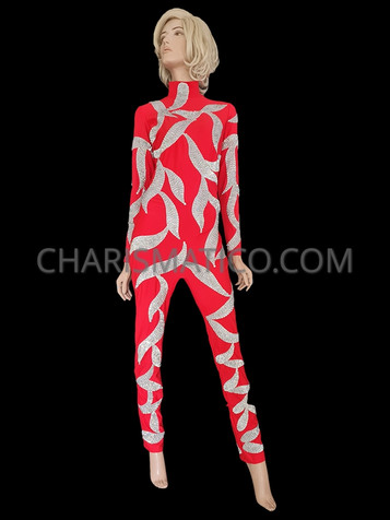 Long Sleeve Red Catsuit With Shimmering Black Vine Sequin Pattern