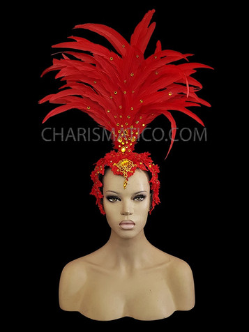 Red Feather Showgirls Headdress with Gold Crystal Highlights