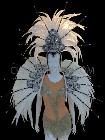White Feather Showgirl's Headdress And Matching Backpack Collar Costume Set