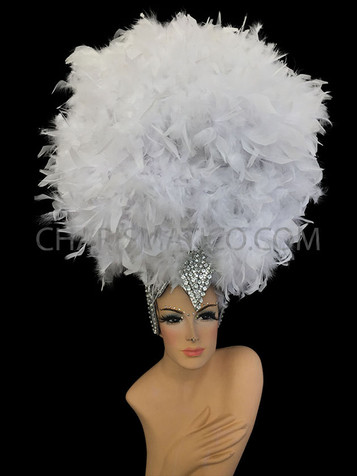 Crystal Cap Accented Poofy White Soft Boa Feather Diva Headdress