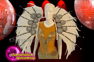 Pure White Feather Showgirl's Backpack Collar With Circular Crystal Highlights