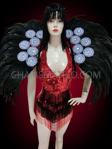 Retro Style Red And Black Leotard With Black Feather Backpack