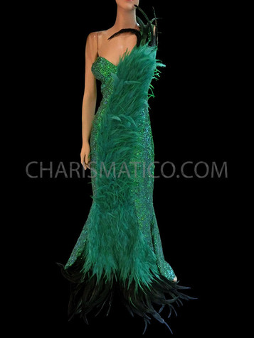 Asymmetrical Two Toned Feather Accented Green Sequin Sleek Pageant Gown