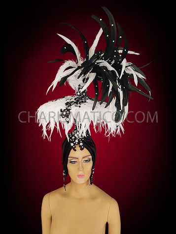 Diva's Black And Crystal Accented White Feather Turban Style Headdress