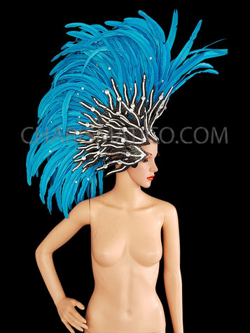 Bright Blue Feather Mohawk Black Cabaret Headdress