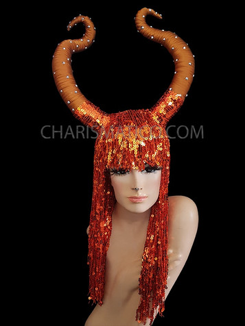 Orange Sequin Fringe Wig With Crystal Studded Brown Maleficent Horns Headdress