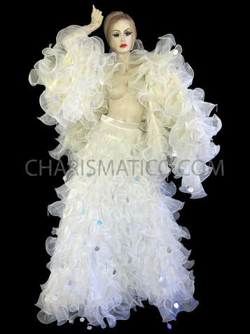 White Organza Ruffle Diva Jacket With Matching Floor Length Skirt
