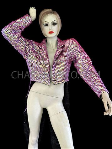 Sexy Shimmering Iridescent Fuchsia Bead Cropped Cabaret Tuxedo Diva Jacket