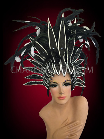 Sleek Silver Edged White Tipped Black Feather Cabaret Showgirl Headdress