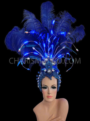 Crystal Accented Royal Blue Led Light Up Showgirl's Cabaret Headdress