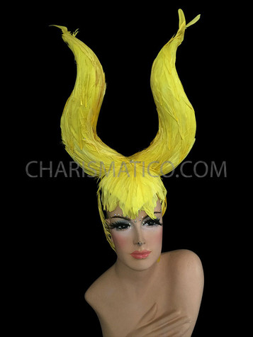 Sexy Widow's Peak Cap Sleek Yellow Feathered Majestic Maleficent Headdress