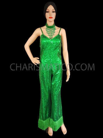 Green Sequin Disco Flapper Fringe Catsuit Jumpsuit Clearance US 4 - US 8