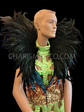 Rainbow Flame Patterned Sleeveless Zipper-Front Jacket With Black Feather Collar