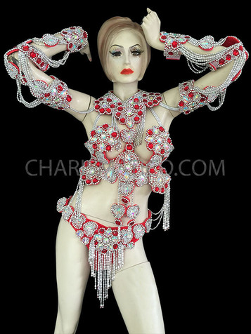 Ruby Accented Iridescent Crystal Encrusted Cage Bra With Matching Thong