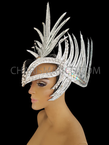 Silver Glitter Based Crystal And Mirror Accented Mohawk Spike Headdress