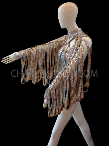 Silver Cher-Inspired Sequined Leotard With Tasseled Long Sleeves