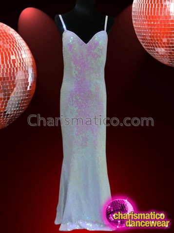 Floor Length White Sequined Gown With Spaghetti Straps And Sweetheart Neckline