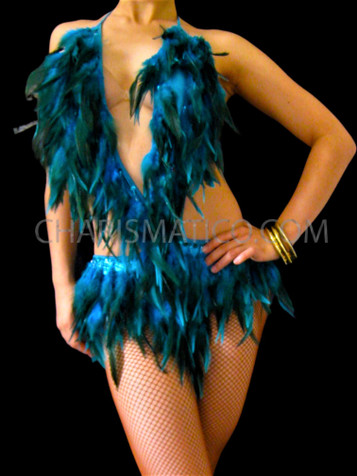 Blue Sexy Feather Burlesque Leotard