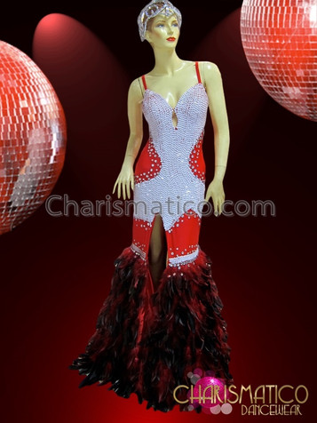 Red And White Sequined Vegas Showgirl Gown With Ostrich Feather Skirt