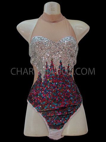 Sexy Two Toned Sequined Nude Based Performance Leotard