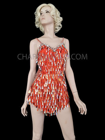 Shimmering Orange and Silver Teardrop Sequins Halter Dress With Crystal Accents