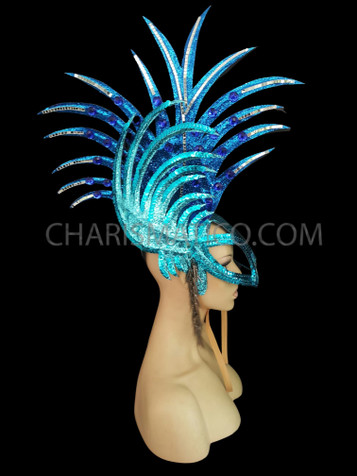 Blue Cock Feather Mohawk Masque Style Drag Queen Headdress
