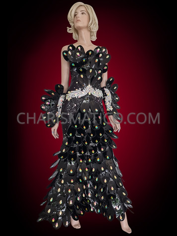 Black Scaled Sequin Phoenix Gown with Rhinestone Embellishments
