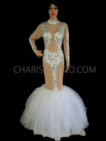 Showgirl’S Nude-Illusion Crystal Embellished Mermaid Gown With White Organza Skirt