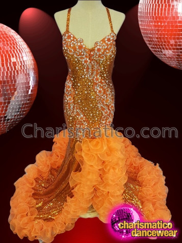 Beautiful Orange Sequin Silver Setting Floral Pattern Long Dance Queen Gown