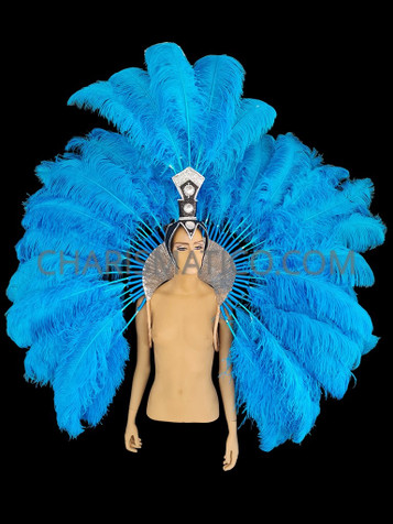 Blue Ostrich Feather Blue Headdress And Backpack