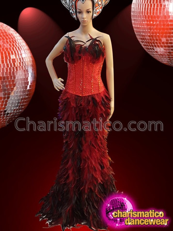 Red Beaded Corset Styled Long Feathered Elegant Skirt
