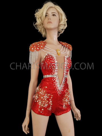 Red Shimmering Beaded Sequined Diva Catsuit