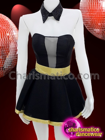 Diva Black Ruffled Dress With Gold Border Underskirt And Separate Black Sequined Collar