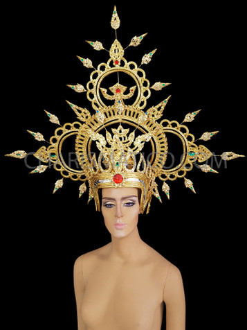 Gold Chinese diva headdress with gold sequinned design,blue and emerald Crystals