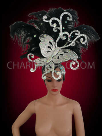 Silver  Butterfly On Black Ostrich Headdress