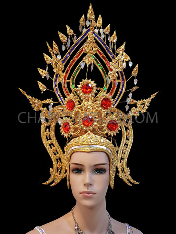 Gold Thai Styled Diva Gold Headdress With Large Red Crystals