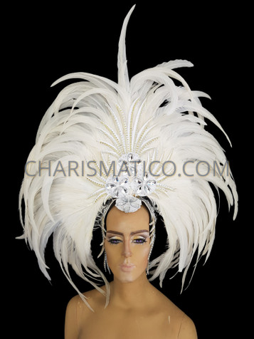 White Feathered Showgirl Headdress With Gold And Silver Sequins