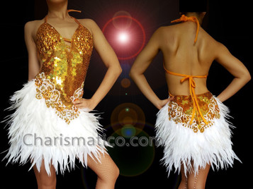 Golden Sequinned White Feathered Halter Necked Diva Dress