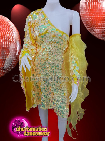 Yellow Sequinned Drag Queen Diva Ruffled Show Girl Dress