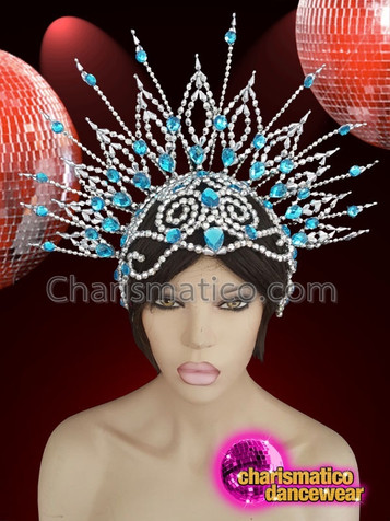 Silver Blue Beaded Showgirl Drag Queen Diva Headdress