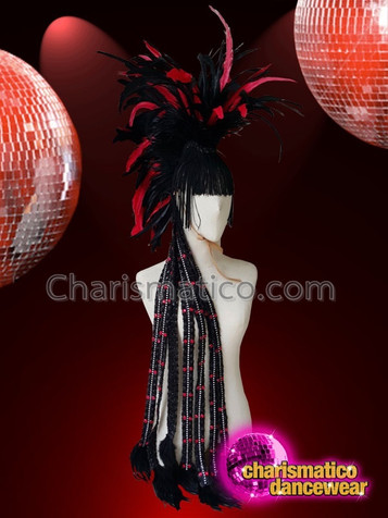Red Black Drag Queen Diva Show Girl Feather Headdress