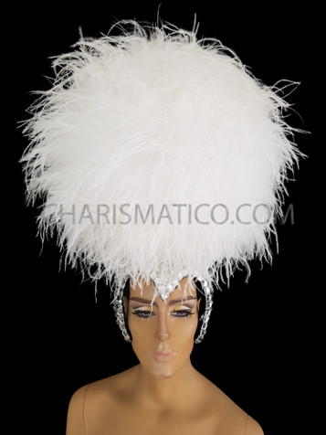 White Crystallised Ostrich Feathered Diva Showgirl Headdress