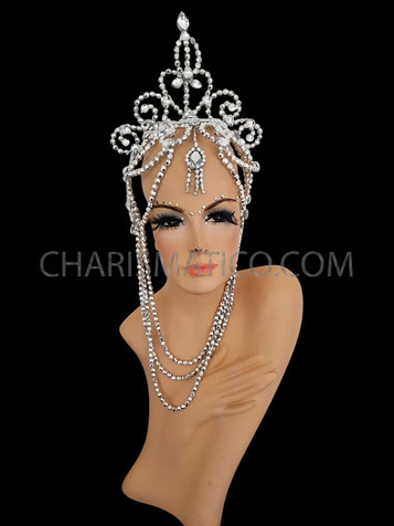 Silver Beaded Diva Show Girl Drag Queen Floral Headdress