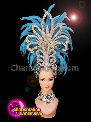 Blue Feather Silver Sequinned Diva Cabaret Show Girl Headdress