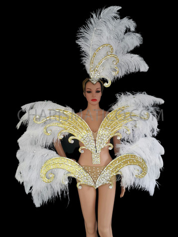 White Sequinned Ostrich Feathered Burlesque Diva Costume Set