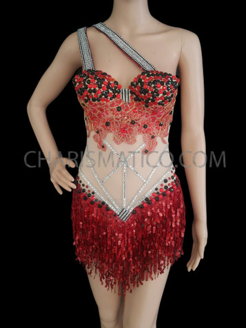 Red And Black Floral Fringed Sequinned Diva Show Girl Leotard