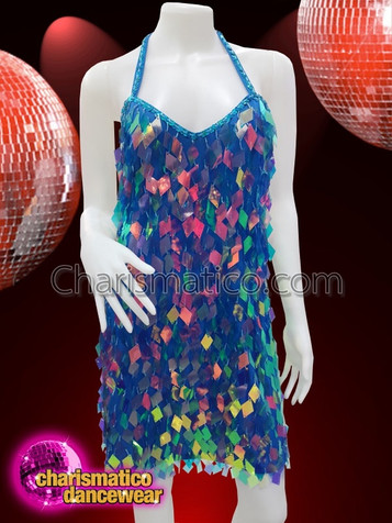 Blue Diamond Cut Sequinned Diva Showgirl Dress With Halter Neck