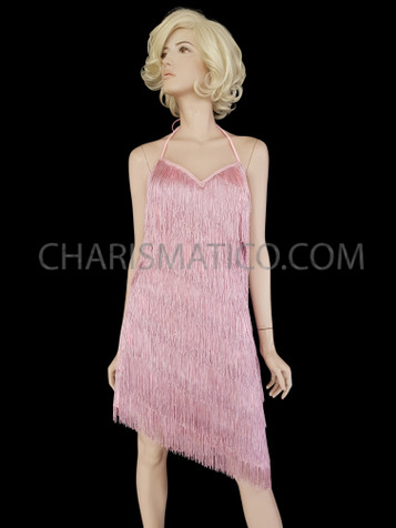 Pale Pink Asymmetric Fringe Salsa Cha-Cha Dance Dress
