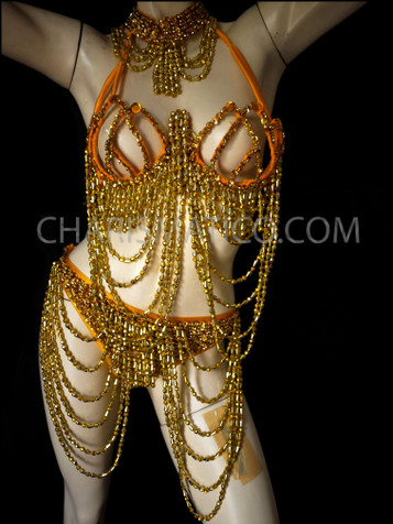 Red And Gold Metallic Spiked Covered Bra, Bikini, And Shoulder Pads
